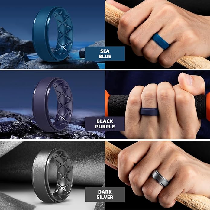 Egnaro Men's Rings 8.5mm Wide-2mm Thick Inner Arc Ergonomic Breathable Rubber Wedding bands-Hypoallergenic for Gym/Outdoor/Gift((1-7 Variety Pack with Half Size)