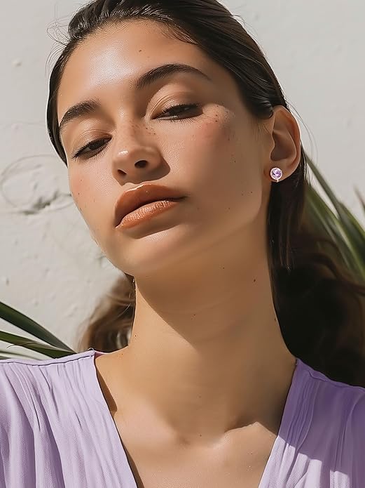 Silvora 925 Silver 8MM Cubic Zirconia Birthstone Clip On Stud Earrings Round Non Pierced Earrings For Women,Come with Box