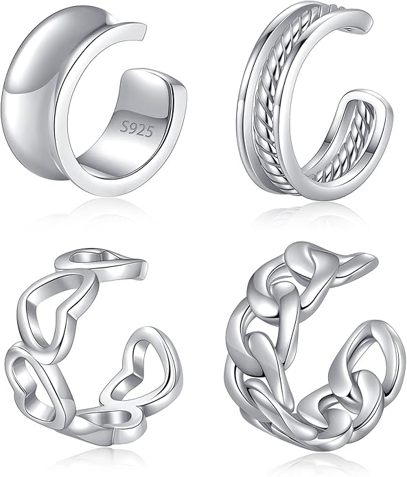 CHIC & ARTSY 925 Sterling Silver Ear Cuffs for Women, Non Piercing Clip On Cartilage Cuffs, Adjustable Fake Conch & Helix Earrings, Gold Plated & Oxidized Various Styles