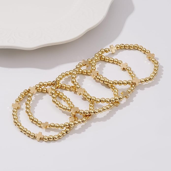 Gold Plated Beaded Bracelets for Women Trendy, 14K Gold Plated Stack Cross Pearl Gold Plated Bead Stretch Bracelets Set Elastic Hypoallergenic Bracelets Jewelry Gifts
