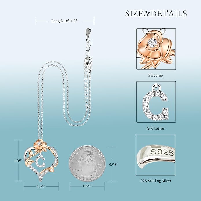 Valentines Day Gifts Rose Heart Letter Initial Necklace for Women, S925 Sterling Silver Pendant Necklace Adjustable Dainty Rose Flower Jewelry Gift for Her