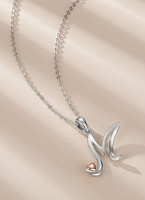 CELESTIA 925 Sterling Silver Initial Necklaces 26 Letter with Rose Gold Heart - 18 Inch Chain