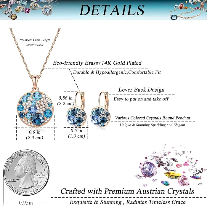 EVEVIC Austrian Crystals Round Disc Pendant Necklace Earrings for Women 14K Gold Plated Hypoallergenic Jewelry Sets