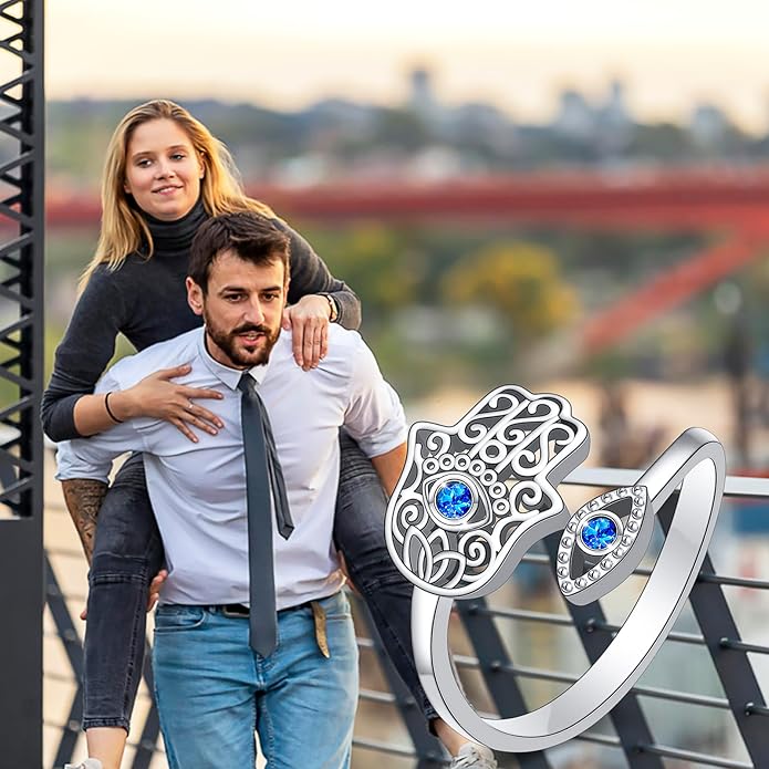 Hamsa Hand of Fatima Lotus Evil Eye/Love Heart/Butterfly/Rose Spoon Adjustable Open Rings 925 Sterling Silver Statement Ring Jewelry Gifts for Women