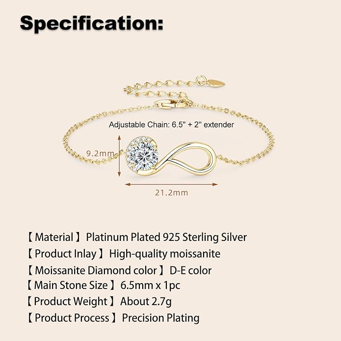 1ct Moissanite Infinity Bracelet, D Color VVS1 925 Sterling Silver Link Bracelet, Adjustable Chain for Women Wife Mom Birthday Jewelry Gifts