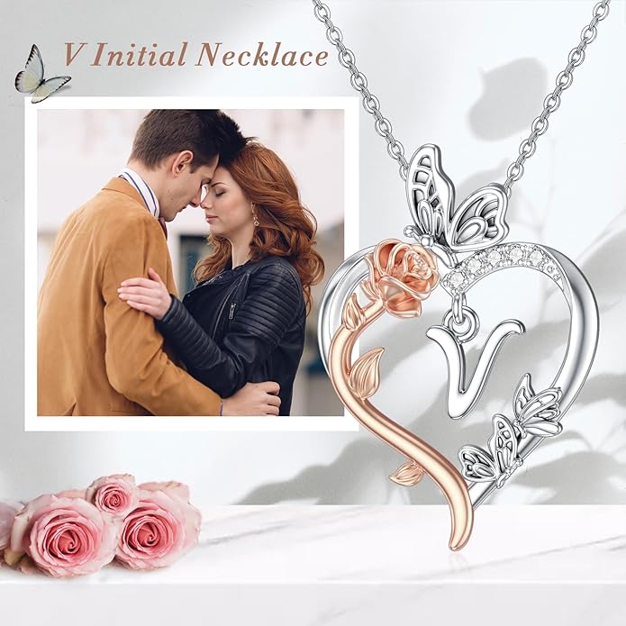TOUPOP Rose Heart Necklaces Gifts for Women 925 Sterling Silver Butterfly Heart Initial Necklace Anniversary Valentines Day Birthday Jewelry Gifts for Mom Her Wife Girlfriend Daughter