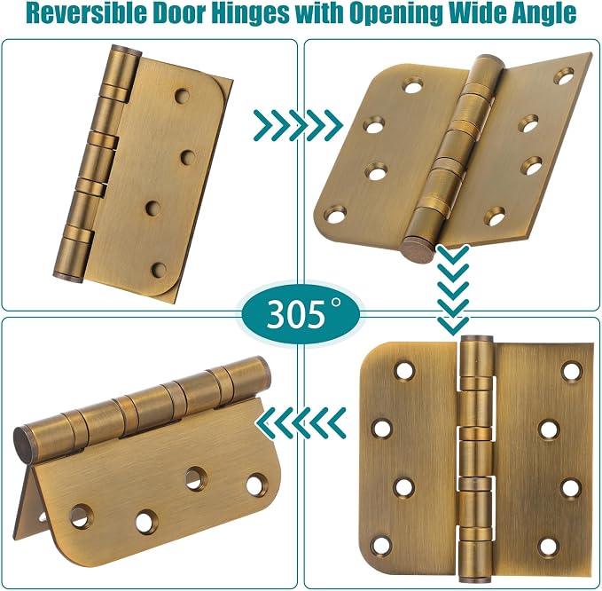 6 Pcs Brass 4'' Ball Bearing Door Hinges, Square and 5/8'' Radius Corner | - Image 6