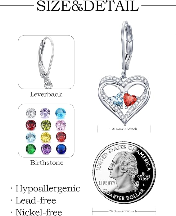 Valentines Day Gifts for Women, Heart Leverback Earrings Double Birthstone Dangle Earrings for Women, Love Jewelry for Her, Anniversary Birthday Gift for Mom Wife Girlfriend