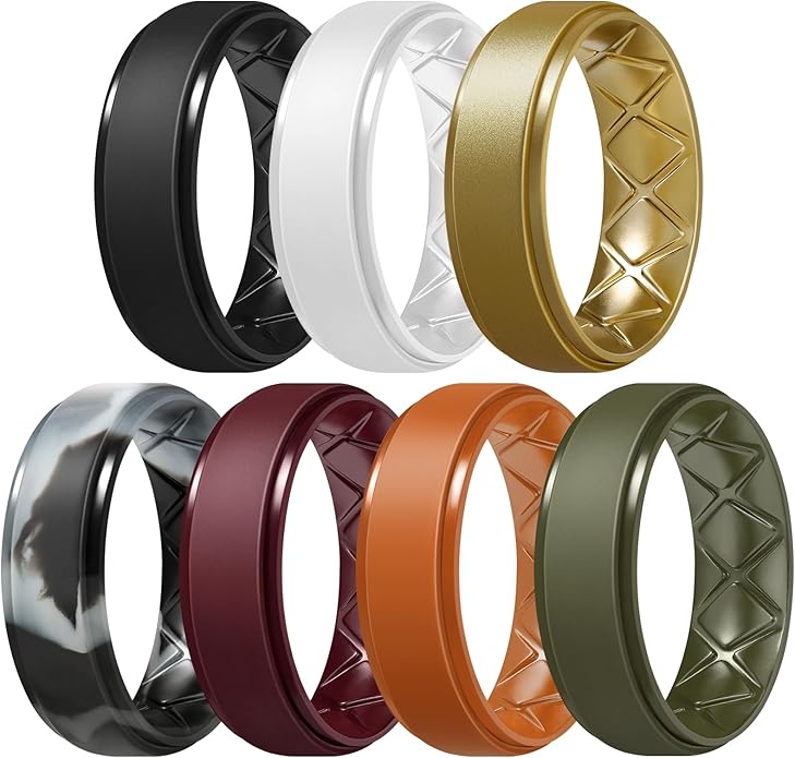 Egnaro Men's Rings 8.5mm Wide-2mm Thick Inner Arc Ergonomic Breathable Rubber Wedding bands-Hypoallergenic for Gym/Outdoor/Gift((1-7 Variety Pack with Half Size)