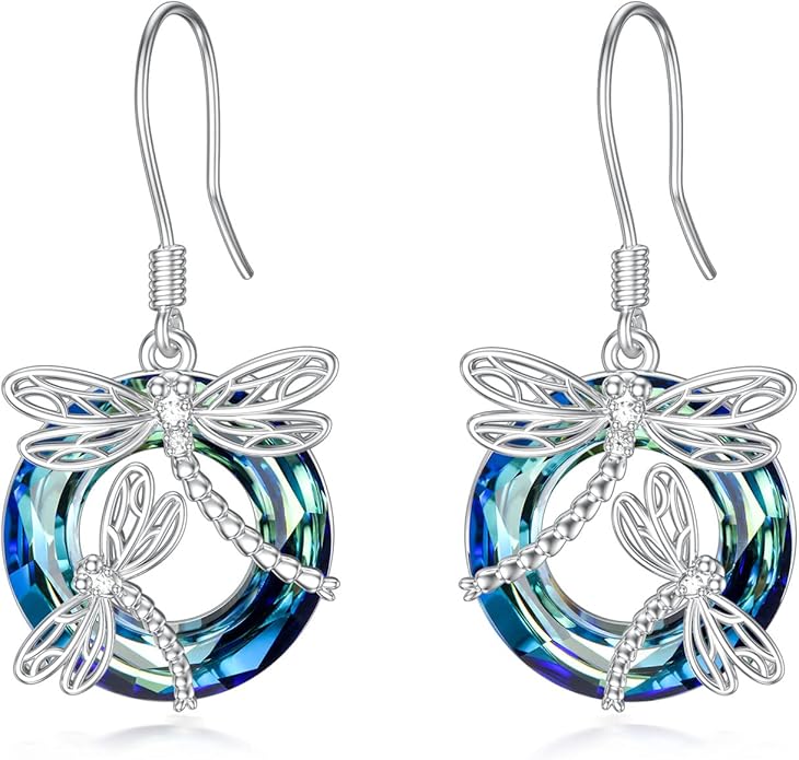 TOUPOP Dragonfly Gifts for Women Sterling Silver Dragonfly Earrings with Circle Crystal Dragonfly Dangle Drop Earrings Jewelry Gifts for Women Mom Birthday Christmas