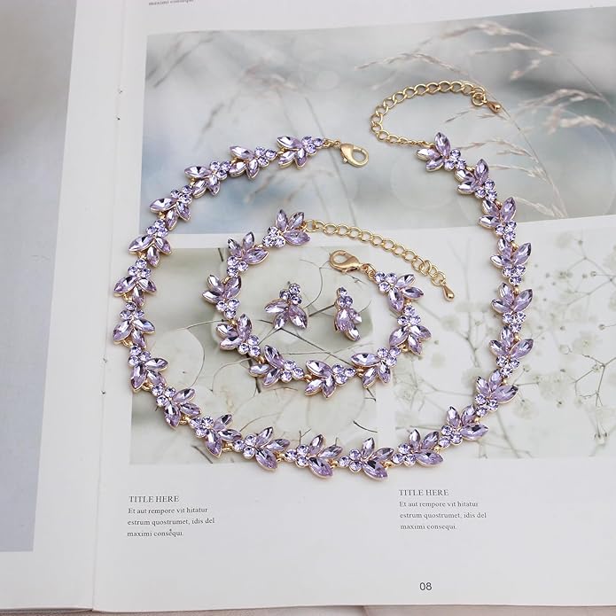 Bridal Wedding Crystal Leaf Choker Necklace Dangle Earring Bracelet Brides Bridesmaid Jewelry Set for Women