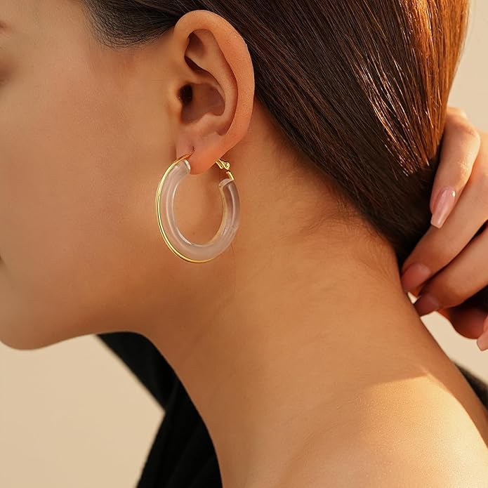 Acrylic Hoop Earrings Sterling Silver Lucite Clear Resin Rectangle Transparent Hoops for Women