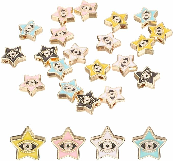 MECCANIXITY 20 Pcs Star Evil Eye Beads Colorful Flat Loose Spacer Evil Eye Charms for DIY Bracelet Earrings Necklace Crafts Jewelry Making, Pink/Sky Blue/Yellow/Black/White