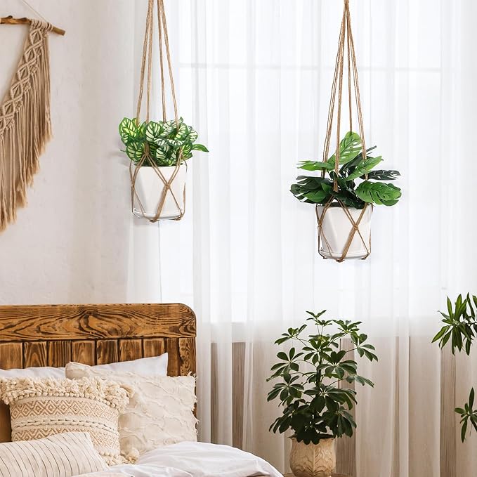 YIBOT Macrame Plant Hanger Indoor 35 Inch Hanging Planter Basket Brown 2Pc | - Image 4