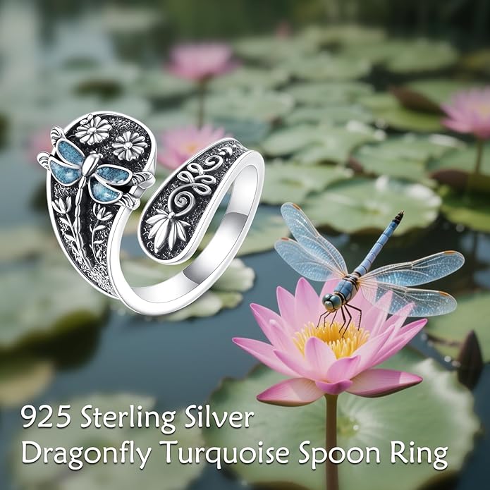 Hummingbird/Dragonfly Turquoise Ring 925 Sterling Silver Floral Spoon Rings Vintage Thumb Band Oxidized Wrap Adjustable Bands Jewelry Gifts for Women Wife Mother Christmas Birthday