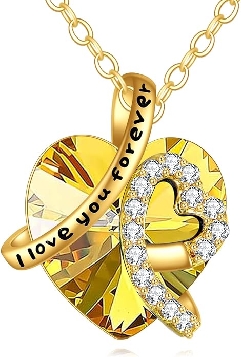 KECHO 14K Real Gold I Love You Forever Necklace Solid Yellow Gold Heart Birthstone Crystal Pendant Jewelry Birthday Mother's Day Anniversary Christmas Gifts for Women