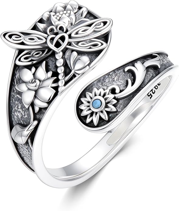 Midari Sun and Moon/Bee/Celtic/Life of Tree/Lotus Spoon Ring for Women 925 Sterling Silver Adjustable Ring Open Ring for Women Men Halloween Birthday Gift