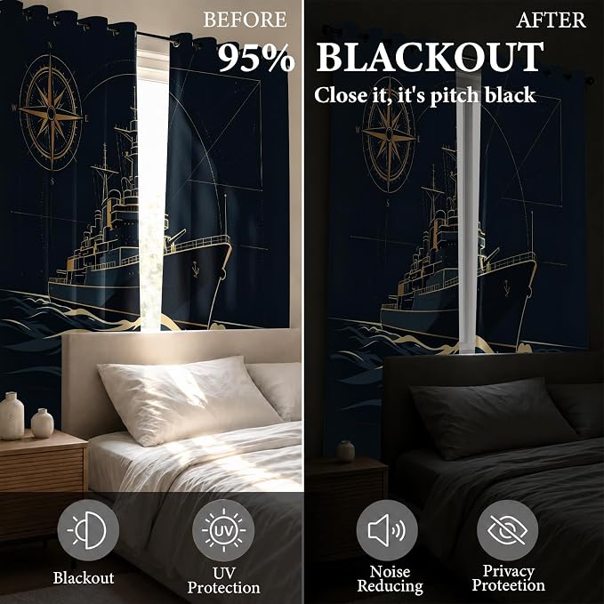 Navy Blue Warship Blackout Curtains 52 x 72 Inch Length Set of 2 | Nautical - Image 5