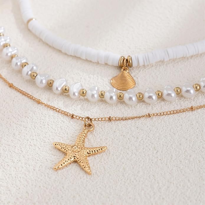 Gold Sea Shell Necklace Layered Charm Necklace for Women Boho Summer Seashell Beach Starfish Necklaces 14k Pearl Chain Surfer Jewelry Beach Vacation Essentials
