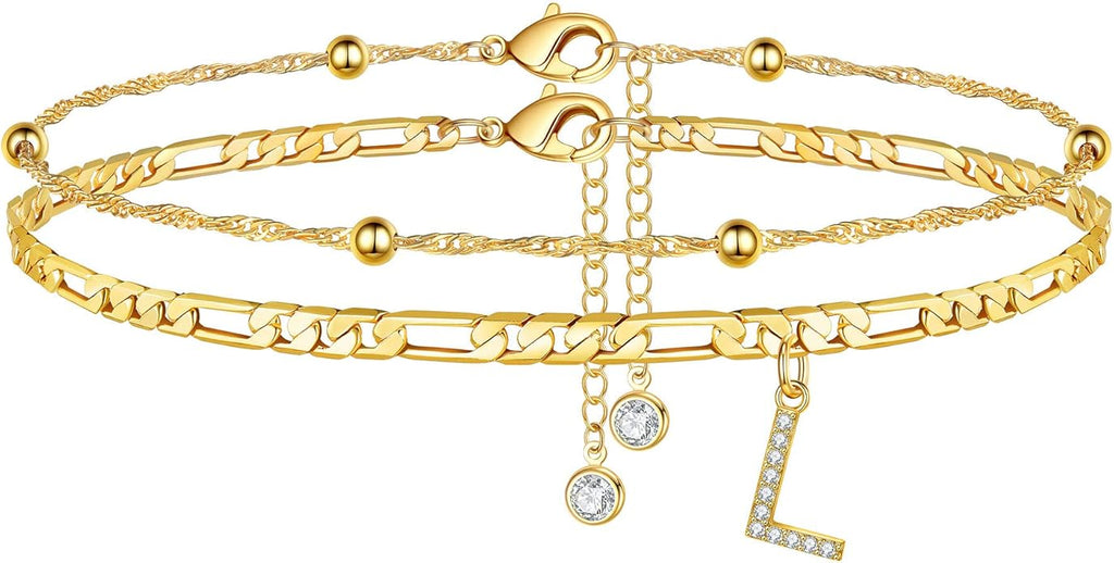 Ursteel Ankle Bracelets for Women, 14K Gold Plated Dainty Layered Chain CZ Initial Anklets Summer Jewelry Gifts for Women