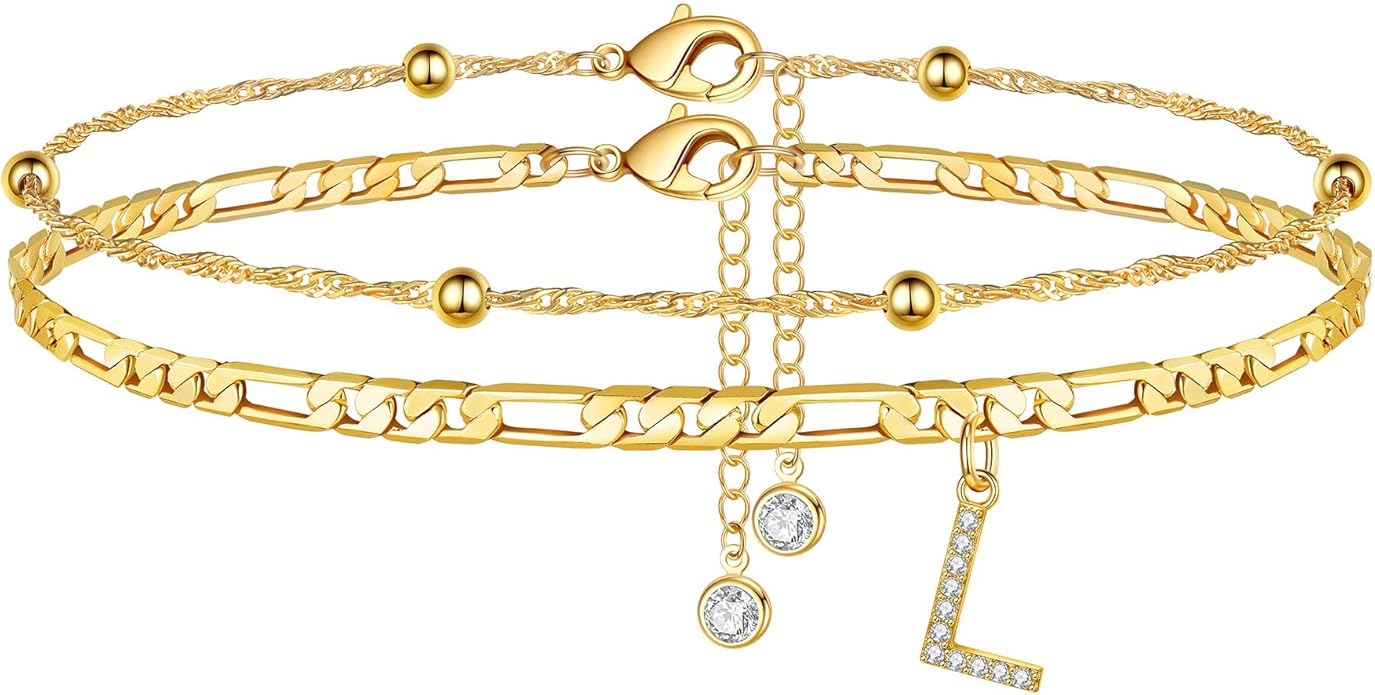 Ursteel Ankle Bracelets for Women, 14K Gold Plated Dainty Layered Chain CZ Initial Anklets Summer Jewelry Gifts for Women