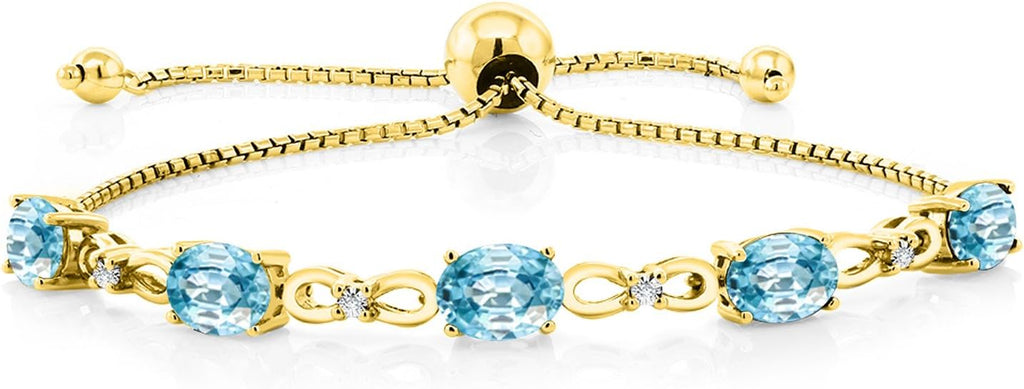Gem Stone King 7X5MM Oval Cut Gemstone Birthstone and Accent Lab Grown Diamond Tennis Bracelet For Women In 18K Yellow Gold Plated Silver | Adjustable Bolo Bracelet For Women | Easy-On Easy-Off