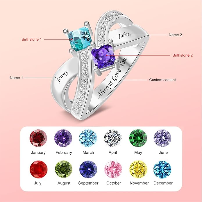 Personalized Heart Birthstone Rings for Women with 2 Birthstones Custom Name Rings for Couple Mother Daughter Jewelry Gift for Mother Her Christmas