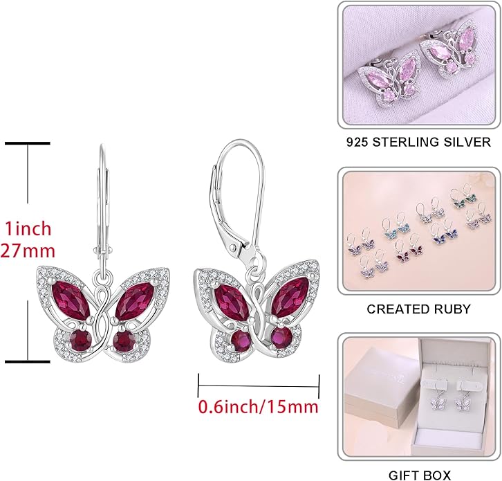 Starchenie Butterfly Earrings for Women 925 Sterling Silver Leverback Earrings Birthstone Butterfly Jewelry Gifts