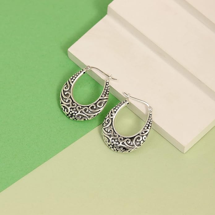 LeCalla 925 Sterling Silver Bali-Style Hoop Earrings Lightweight Click-Top Antique Two-Tone Beaded Italian Bali Style Earring Hoops for Women