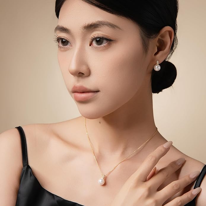 Classic Pearl Jewelry Set for Women – Elegant Pearl Necklace and Earrings Set with 14K Gold Plated Silver Chain Jewelry Perfect as Special Occasion Gift