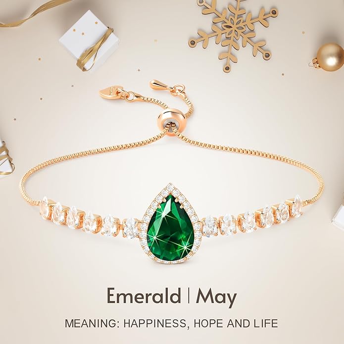 Linawe Crystal Imitation Diamond Rhinestone Charm Bracelets for Women, Gold/Silver/Rose Gold Adjustable Chain Bracelet, Teardrop Birthstone Cubic Zirconia Prom Costume Wedding Jewelry