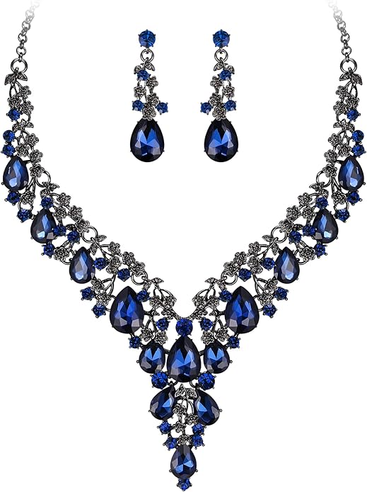 BriLove Women's Wedding Bridal Austrian Crystal Teardrop Flower Cluster Statement Necklace Dangle Earrings Jewelry Set for Party Prom
