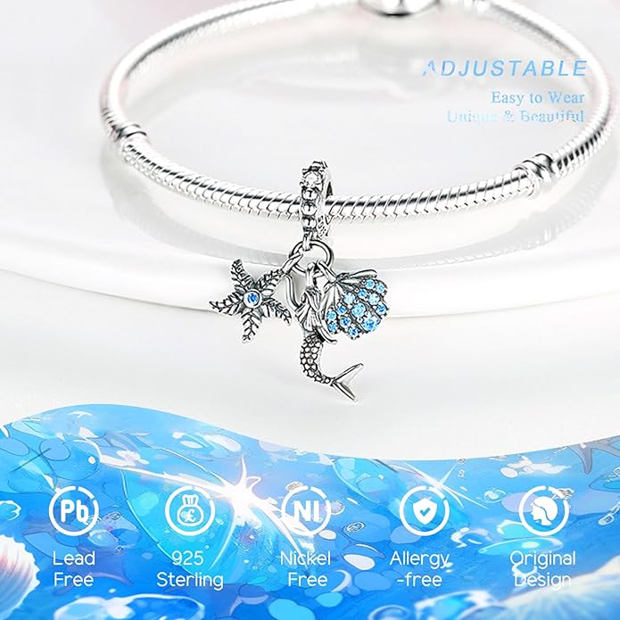 925 Sterling Silver Charms Bead for Bracelets Necklaces, Star Moon Crescent Sun Solar Pendent, Blue Ocean Starfish Shells Turtle Crab Starry Sea Cute Jewelry Birthday Gifts for Women Men