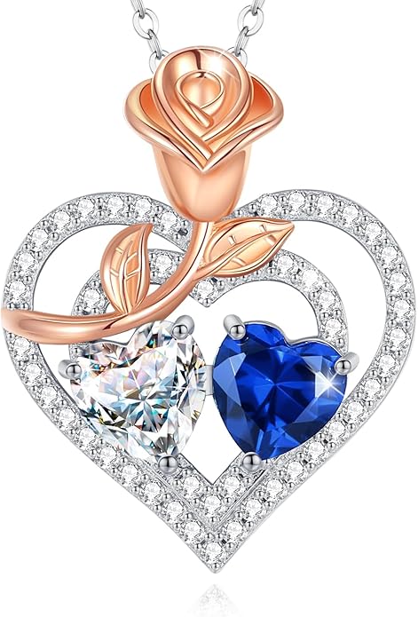 AGVANA Valentines Day Gifts Birthstone Necklace for Women Sterling Silver Rose Flower Heart Double Birthstone Jewelry Pendant Necklace Anniversary Birthday Gifts for Women Mom Wife Girlfriend Her
