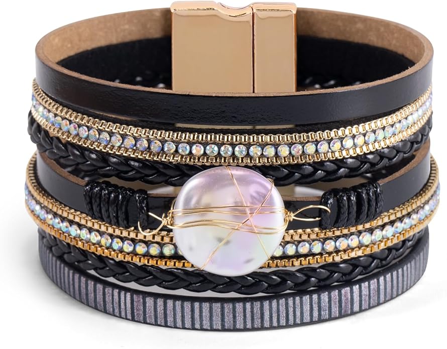 Wrapped Bracelets for Women,Leather Bracelet,Boho Bracelets for Women,Multi-Layer Pearl Crystal Bracelet Bangle Jewelry