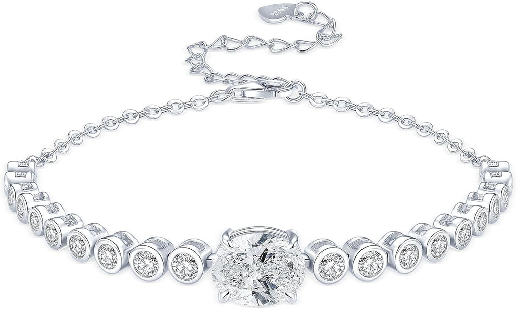 3CT Oval Moissanite Link Bracelet, 8x10mm Oval Cut D Color VVS1 925 Sterling Silver Adjustable Moissanite Bracelets for Women Mom Birthday Jewelry Gifts