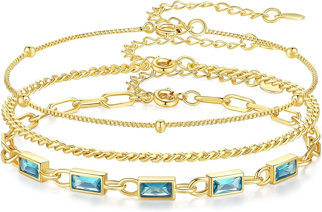 Gold Birthstone Bracelet for Women, 18K Gold Plated Layered Jewelry Bracelet Set, Womens Dainty Stackable Bracelets Link Paperclip Chain Valentines Day Gift for Wife Her