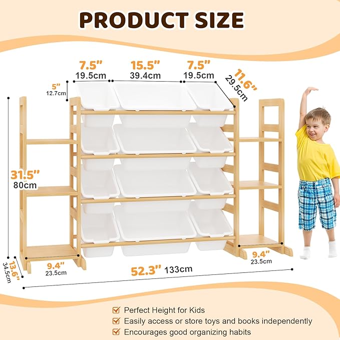 Large Toy Storage Organizer Kids Toy Organizer and Bookshelf Combo with 12 Bins and 6 Shelves Toy Organization Box Toy Shelf for Playroom, Bedroom, Nursery