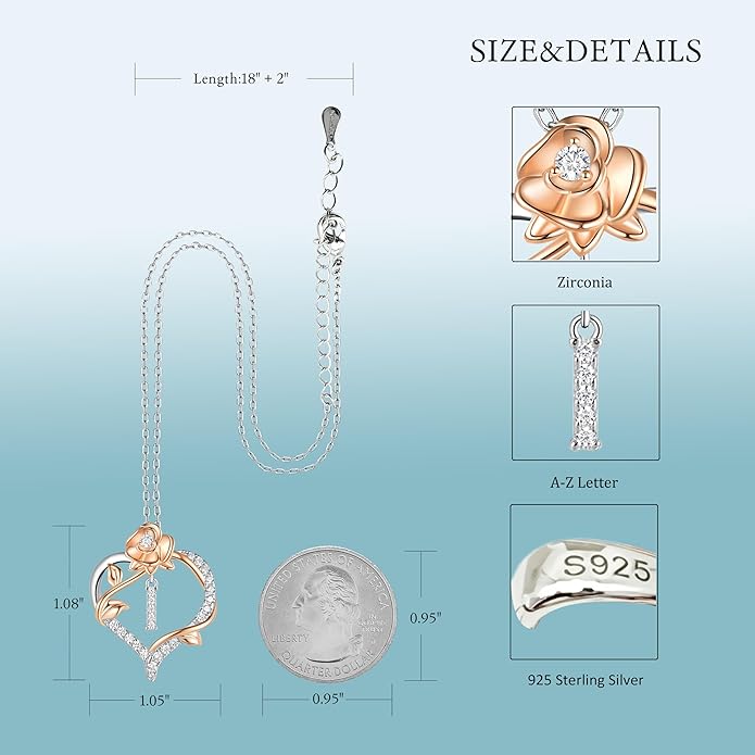 Valentines Day Gifts Rose Heart Letter Initial Necklace for Women, S925 Sterling Silver Pendant Necklace Adjustable Dainty Rose Flower Jewelry Gift for Her