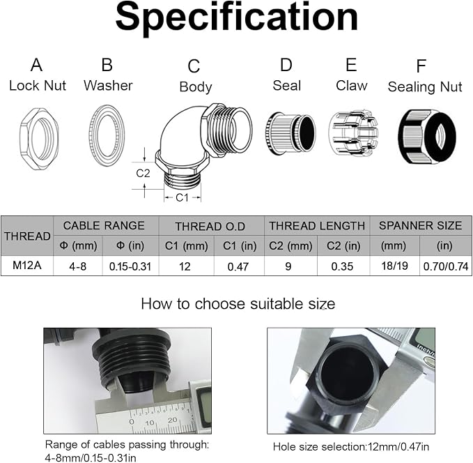 M12 Cable Gland, 90 Degree Adjustable 4-8mm Strain Relief, Cord Connectors - Image 2