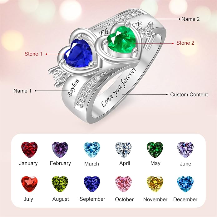 Personalized Heart Birthstone Rings for Women with 2 Birthstones Custom Name Rings for Couple Mother Daughter Jewelry Gift for Mother Her Christmas