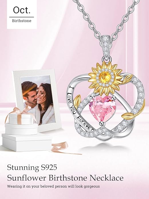 Valentine's Day Gifts for Wife 925 Sterling Silver Double Birthstone Pendant Necklaces I Love You for Always and Forever Necklace Anniversary Birthday Gifts for Wife Girlfriend Mom Her