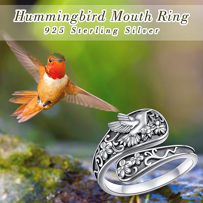 925 Sterling Silver Hummingbird/Sunflower Turquoise/Moonstone/Lily of the Valley Flower Spoon Ring Adjustable Open Ring Statement Thumb Ring Jewelry for Women