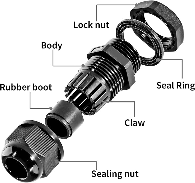 Bonsicoky 20 Pcs Nylon Cable Gland Kit, 1/4" 3/8" 1/2" 3/4" 1" | IP68 Waterproof - Image 3