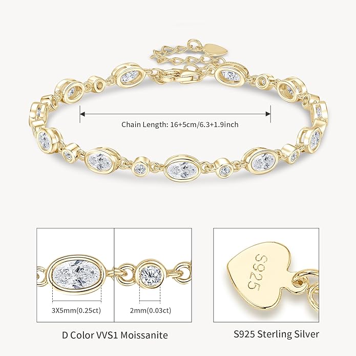 Oval Moissanite Link Bracelet for Women, 3.6cttw D Color VVS1 925 Sterling Silver Adjustable Oval Moissanite Bracelets for Mom Wife Birthday Jewelry Gifts