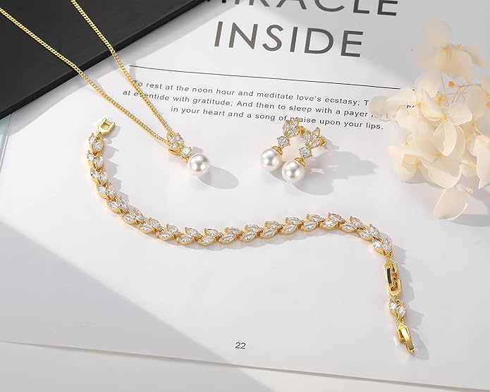 Wedding Jewelry for Bride Bridesmaid, Pearl Dangle Earrings and Pendant Necklace Set Bridal Jewelry for Promise Wedding Party