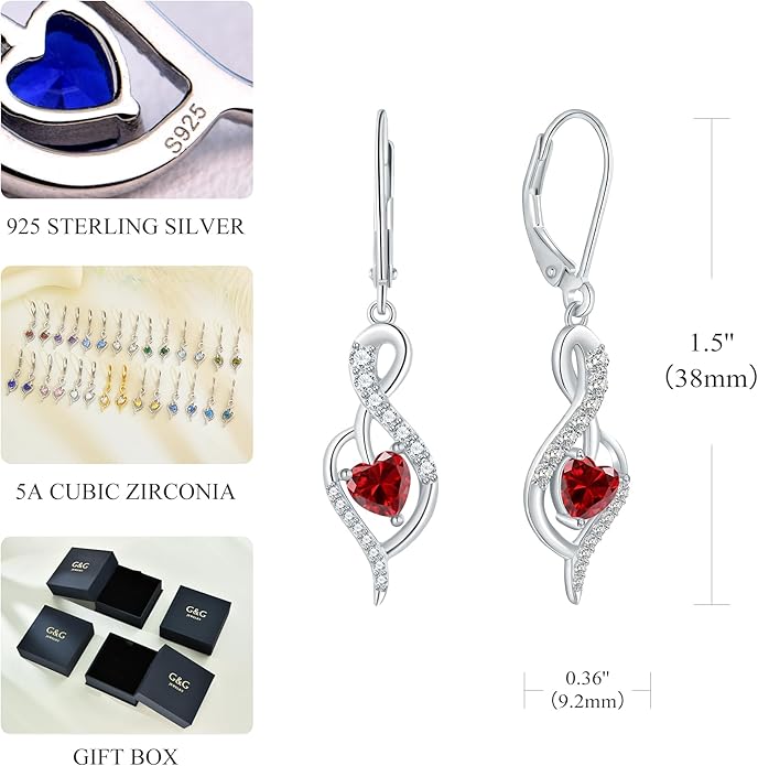 Infinity Heart Dangle Drop Earrings for Women, 925 Sterling Silver Birthstone Leverback Earrings, Birthday Anniversary Valentines Day Jewelry Gifts for Women Mom Her