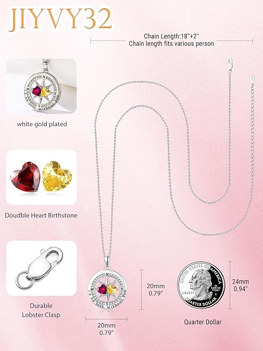 Compass Necklace for Women, Exquisite S925 Valentines Day Anniversary Birthday Gifts for Wife Her Double Birthstone Pendant Jewelry ‘I'd be Lost Without You’