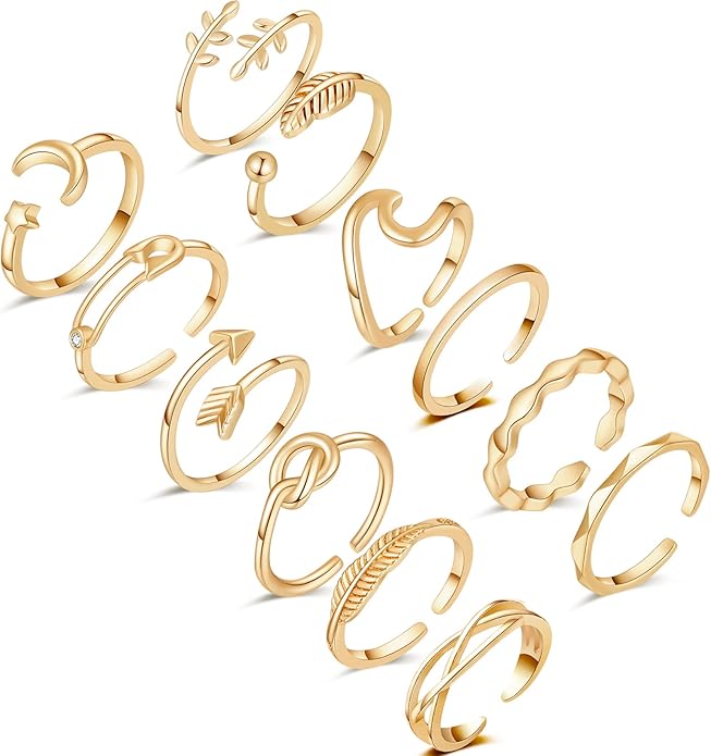 Honsny 12PCS Silver Plated Rings Adjustable Open Rings for Women Cute Gold Plated Stackable Thumb Rings Joint Chain Midi FingerArrow Knot Wave Band Rings Set