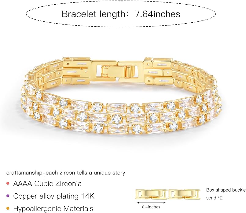 14K Gold Plated Women’s Tennis Bracelet – Sleek CZ Line Bracelet, Fits 6.0"–7.2" Wrist – Sparkly Everyday Jewelry Gift, Contemporary Tennis Bracelets for Women